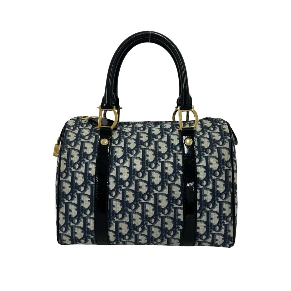 Christian Dior Trotter Pattern Leather Handbag Mini Boston Bag Navy 31975